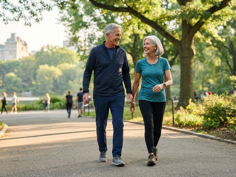 Casal de idosos caminhando em um parque
